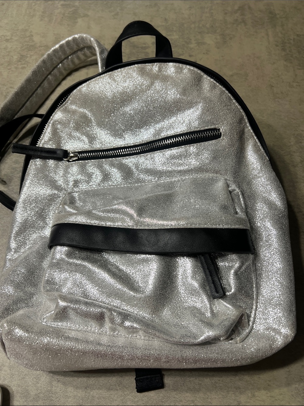 Silver Glitter Mini Backpack with Black Trim - Women